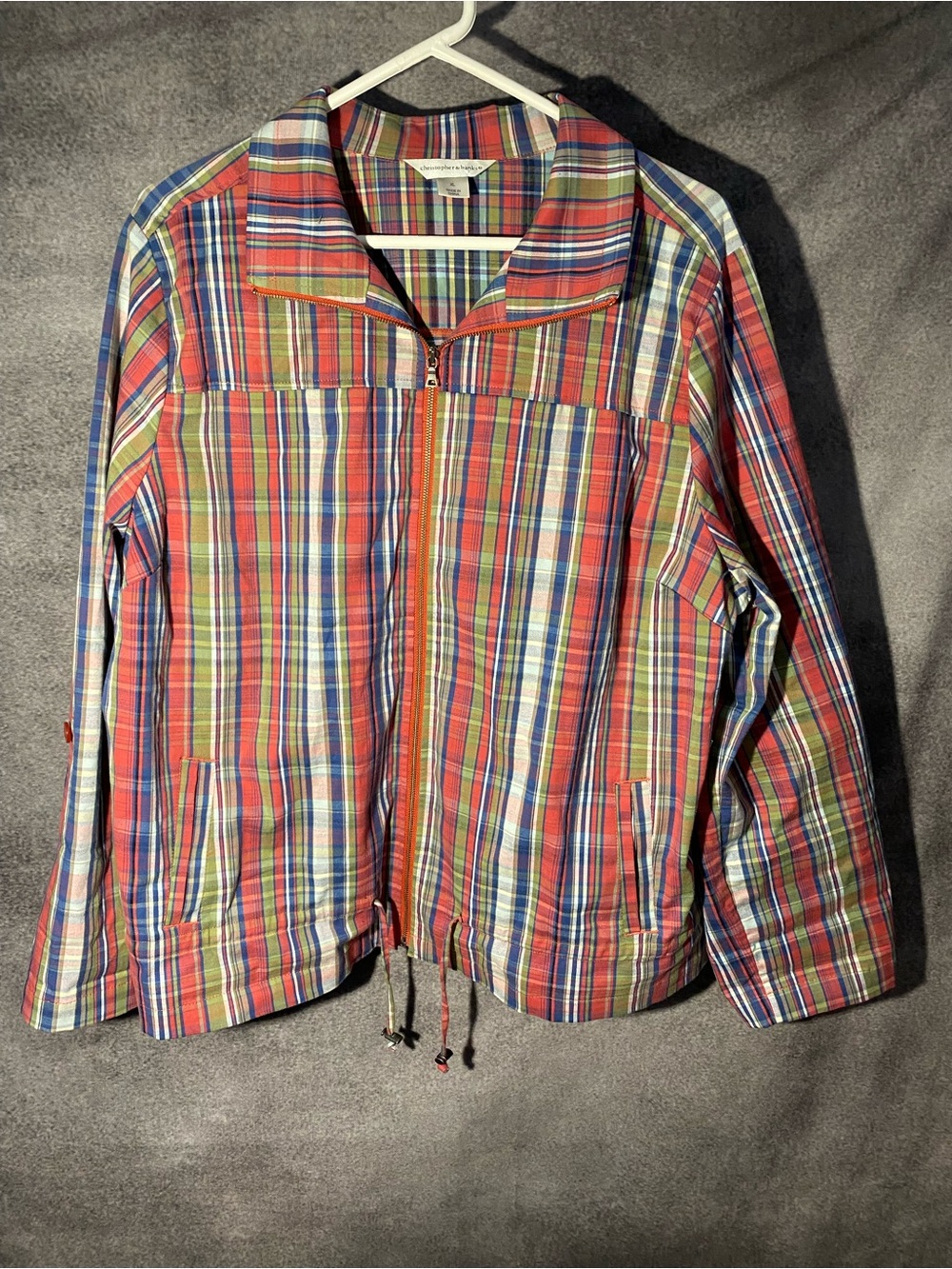 Christopher & Banks Women XL Jacket Plaid Full Zip Drawstring Cotton Roll Tab